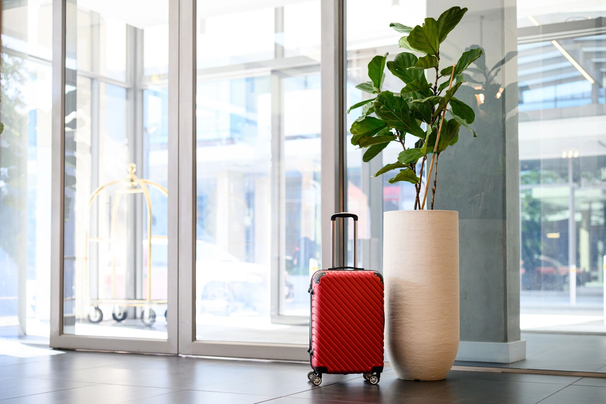 Traveler luggage at hotel entrance