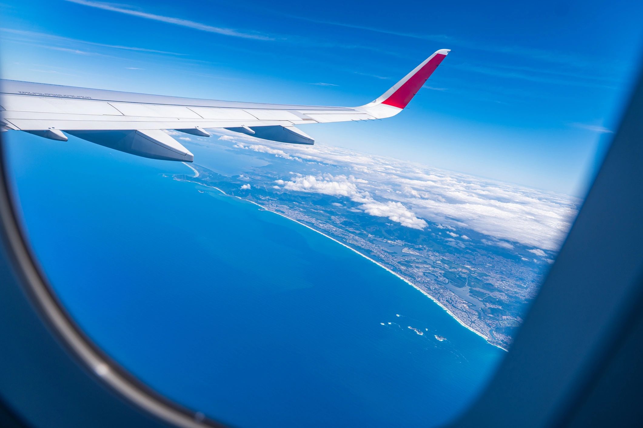 Coastal aerial view from an airplane window